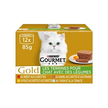 Barquettes chats Gourmet terrines légumes, bœuf, poulet, thon, canard