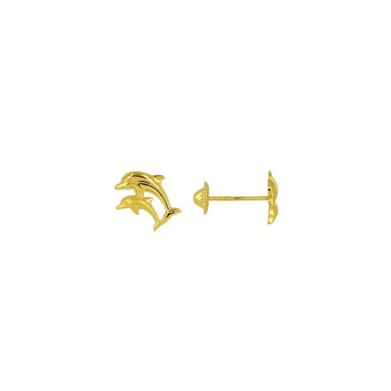 Boucles d'oreilles clous double Dauphins mat et poli, Or jaune 18k