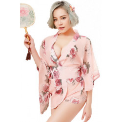 Peignoir kimono rose fleuri style geisha déshabille taille Unique S/M
