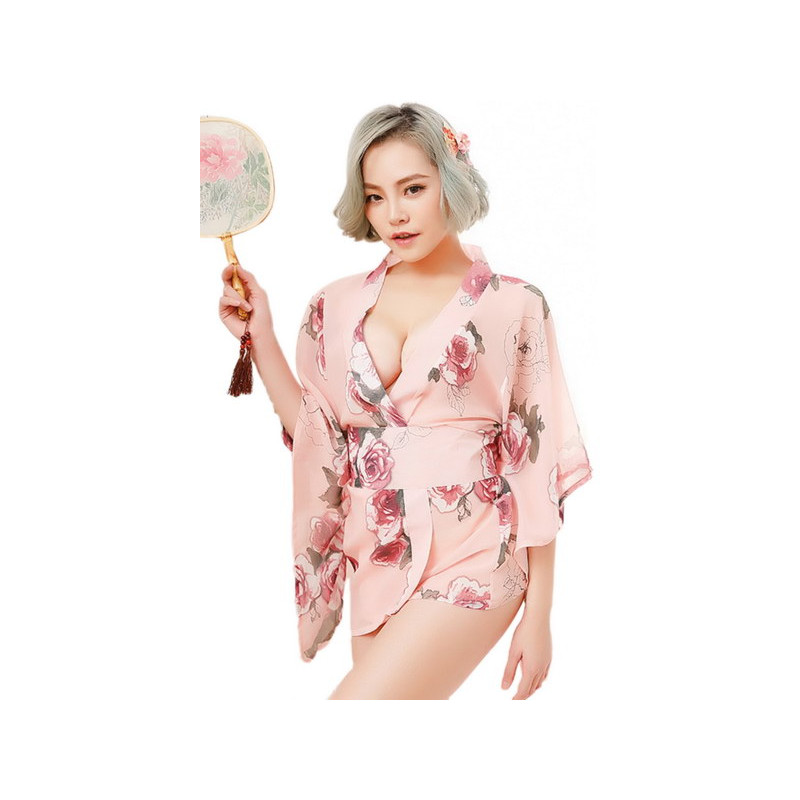 Peignoir kimono rose fleuri style geisha déshabille taille Unique S/M