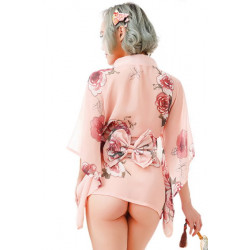 Peignoir kimono rose fleuri style geisha déshabille taille Unique S/M