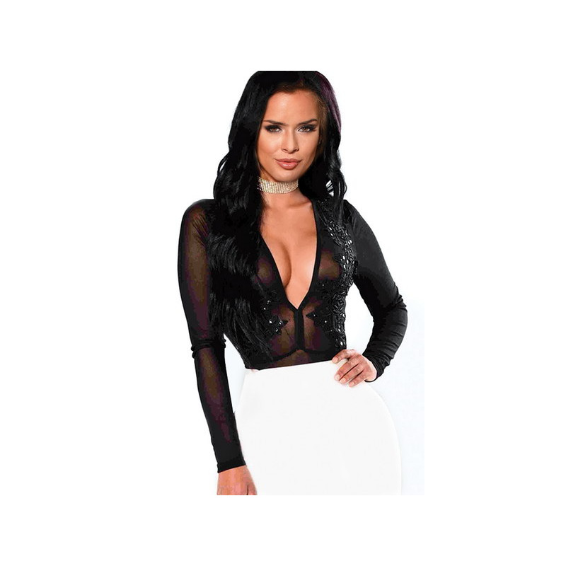 Body noir transparent décolleté broderie et perles fermeture pressions Paris Hollywood taille L Body noir transparent décolleté broderie et perles fermeture pressions Paris Hollywood taille L