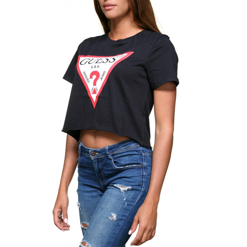 GUESS T-shirt noir pour femme logo pyramide triangle point d'interrogation