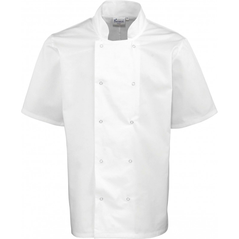 Veste de cuisine blanche manches courtes à boutons pression marque Premier PR664