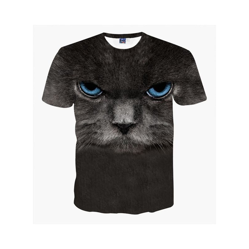 T-shirt chat gris noir bleu russe yeux bleus 3D