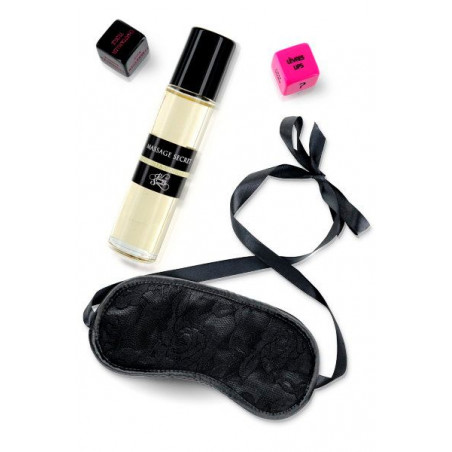 coffret masque dentelle, des dès coquins et une huile de massage