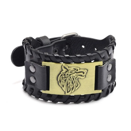 Bracelet cuir noir de force tressé pour homme, plaque motif loup celte