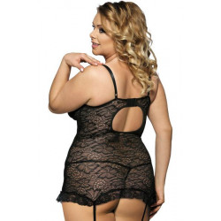 GUÊPIÈRE SEXY GRANDE TAILLE 3XL/4XL NOIRE ET NOEUDS ROSE
