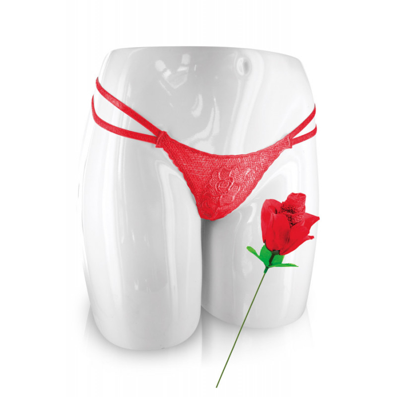 Culotte en dentelle présentation fleur rose rouge.