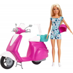 Barbie Mobilier poupée Blonde avec Son Scooter Rose et Blanc, Casque Inclus, Jouet pour Enfant, GBK85