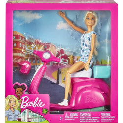 Barbie Mobilier poupée Blonde avec Son Scooter Rose et Blanc, Casque Inclus, Jouet pour Enfant, GBK85