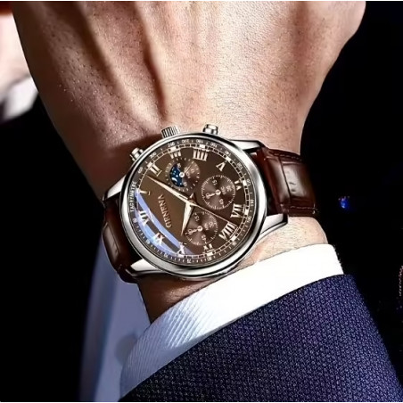 Montre ronde classique bracelet cuir marron GENENA
