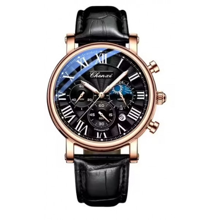 Montre-bracelet en cuir noir à quartz pour homme, multifonction, phase de lune, date, étanche, analogique.